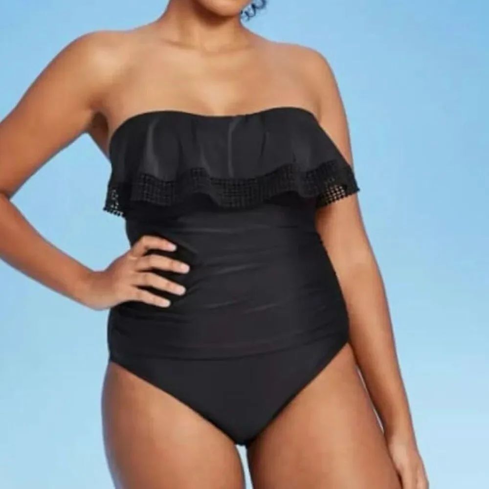 Kona Sol black ruched ruffle top one piece swimsuit XL